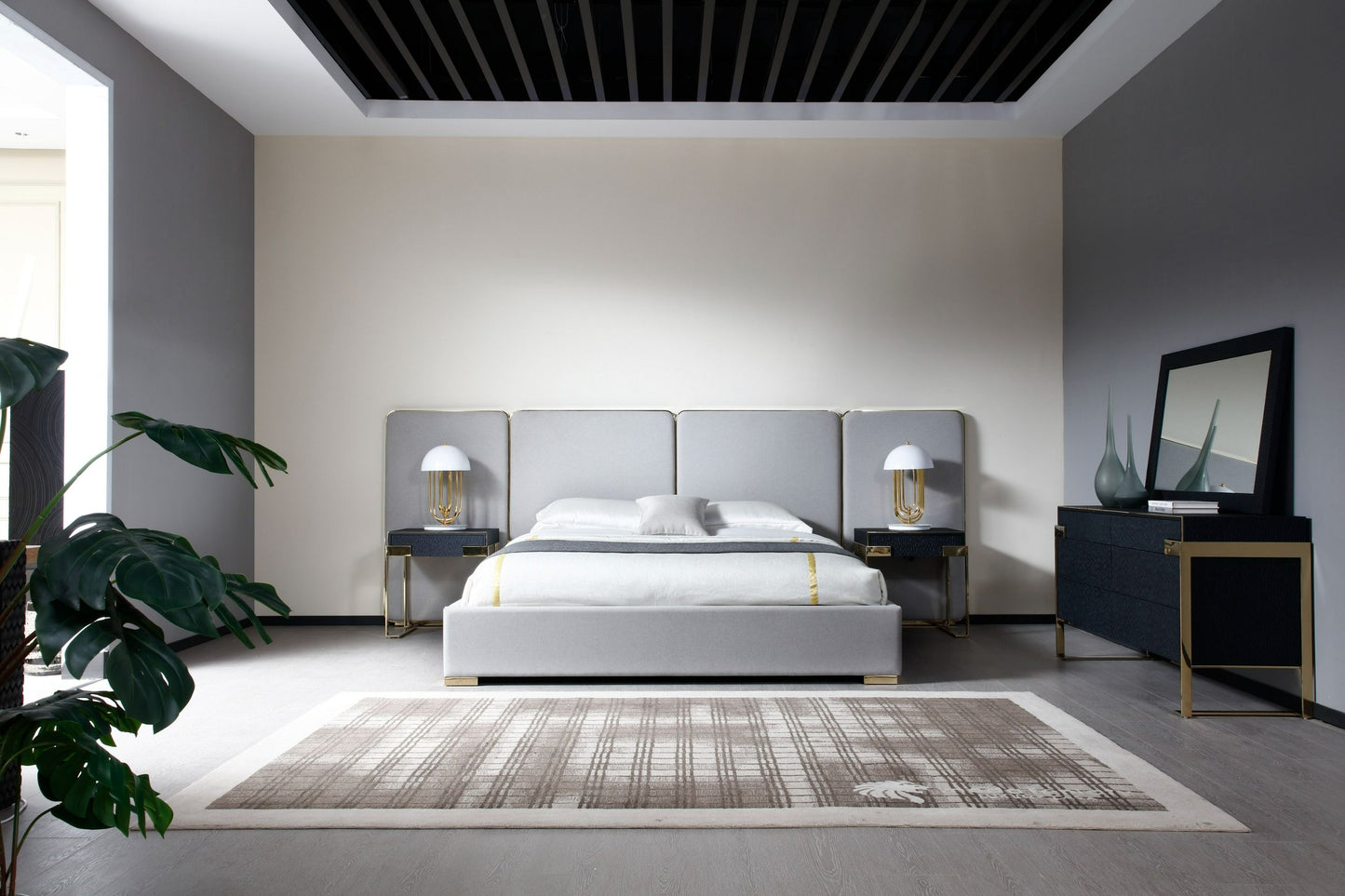 VG - MODREST ATHENA - LIT MODERNE EN LIN GRIS CLAIR + OR