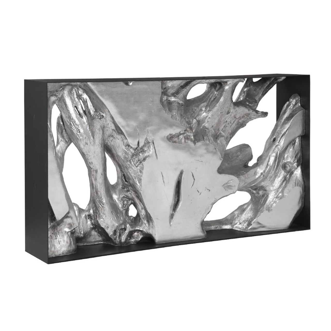 PC- TABLE CONSOLE AVEC CADRE EN MÉTAL COULÉ, RÉSINE, FEUILLE D'ARGENT, PETIT MODÈLE