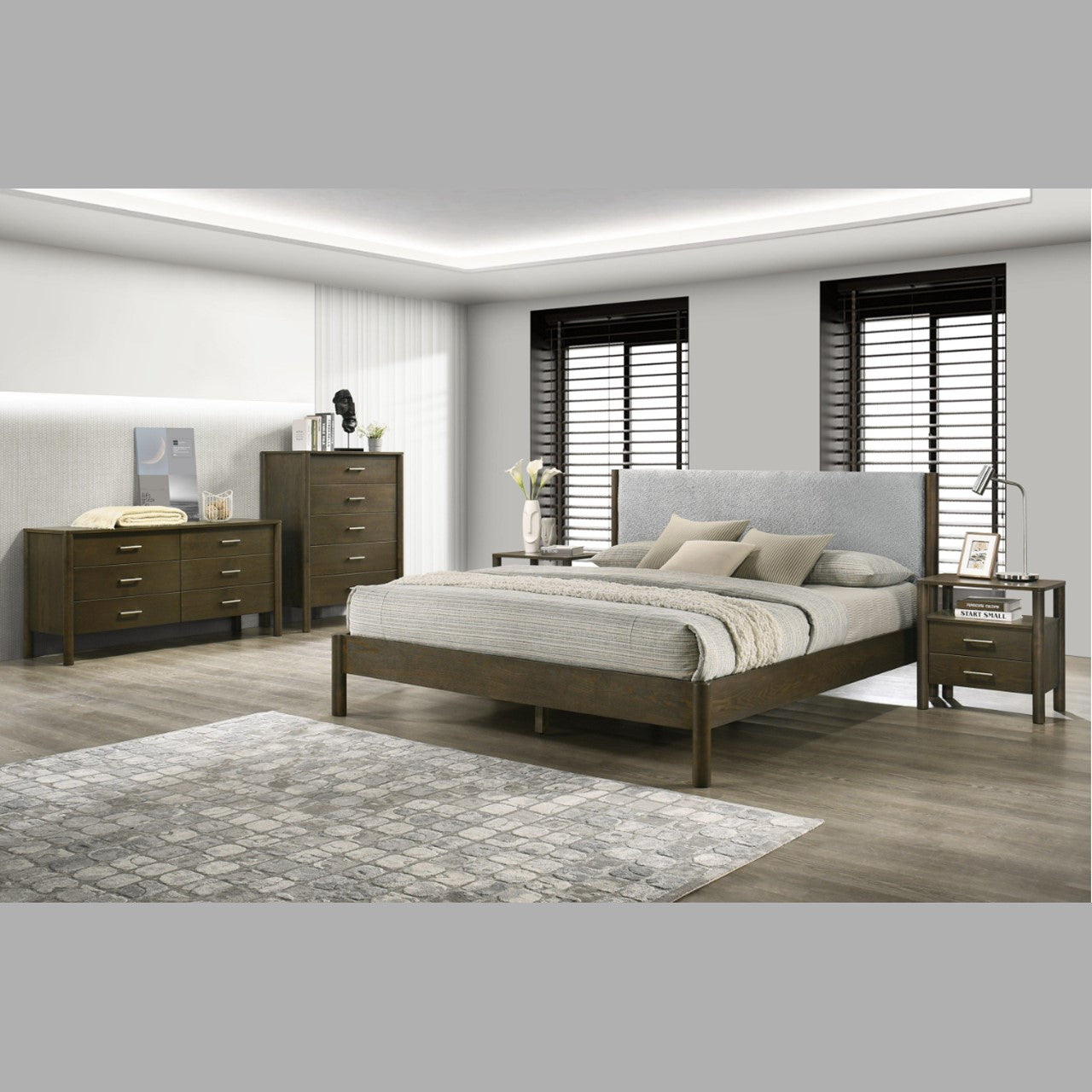 VG- MODREST CAROLINA - LIT MODERNE EN TISSU GRIS + WENGÉ