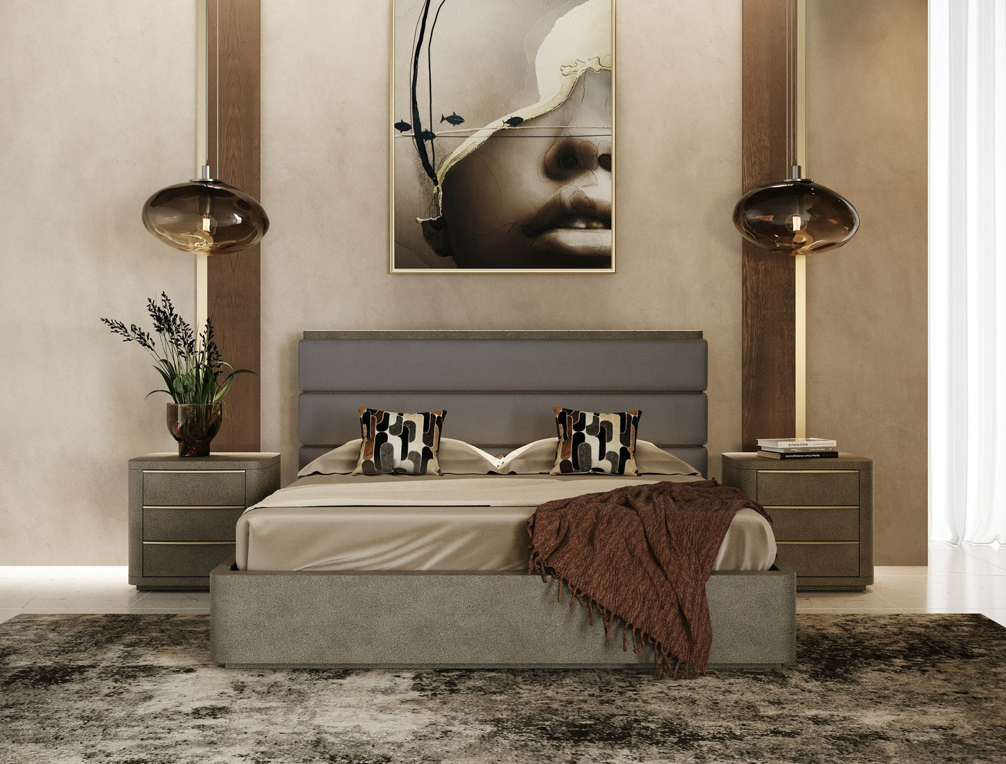 VG - MODREST LOIS - LIT MODERNE EN CUIR GRIS ET GALUCHAT BEIGE
