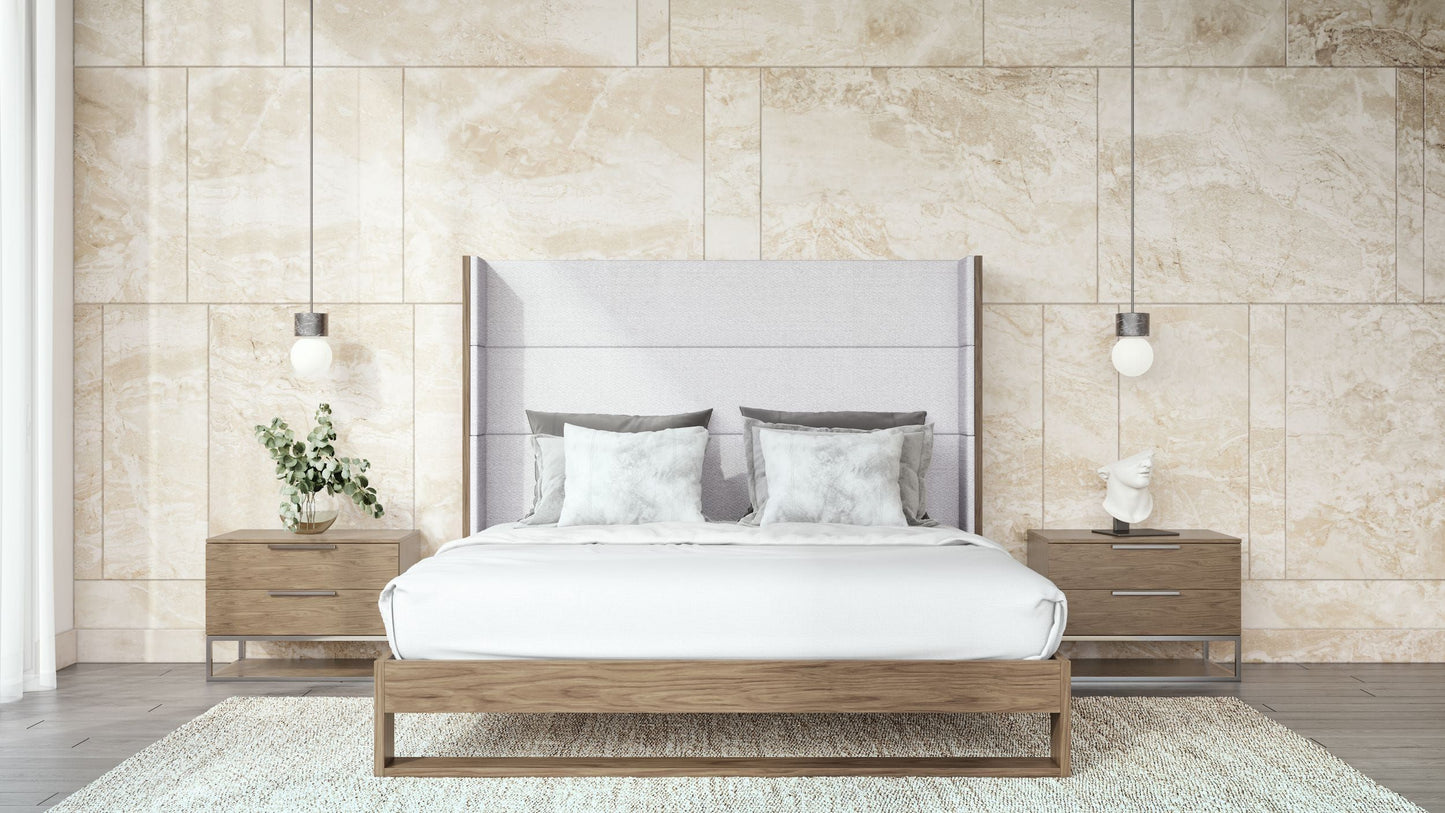 VG - MODERNE HELENORA - LIT CONTEMPORAIN EN TISSU GRIS ET GARNITURES EN NOYER