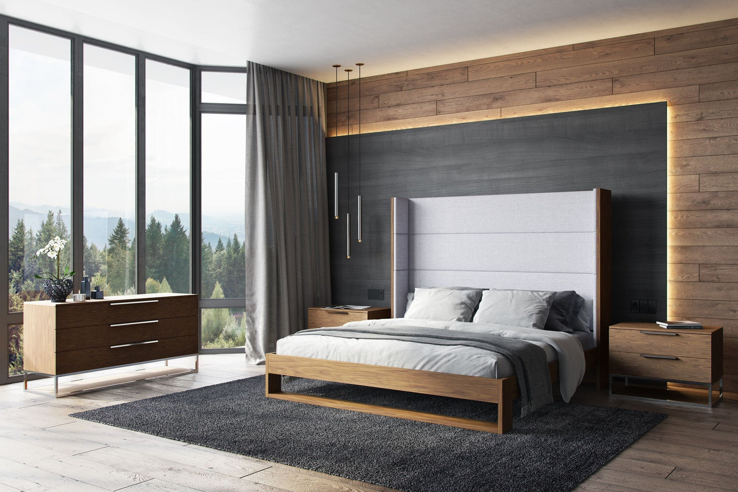 VG - MODERNE HELENORA - LIT CONTEMPORAIN EN TISSU GRIS ET GARNITURES EN NOYER