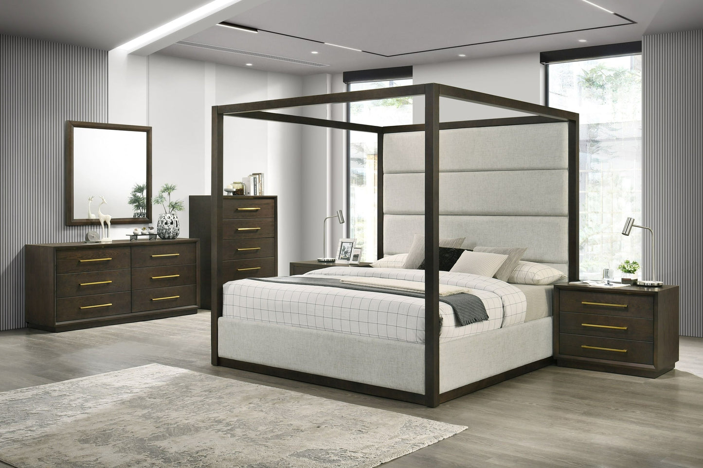 VG - MODREST MANHATTAN - LIT CONTEMPORAIN À BALDAQUIN EN CHÊNE BRUN