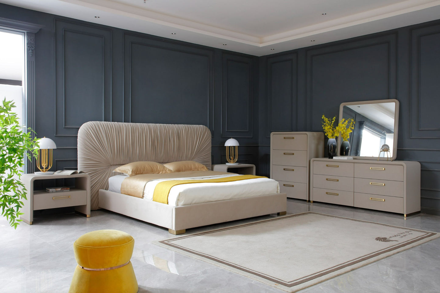 VG - MODREST FLORENCE - LIT MODERNE EN VELOURS BEIGE + OR