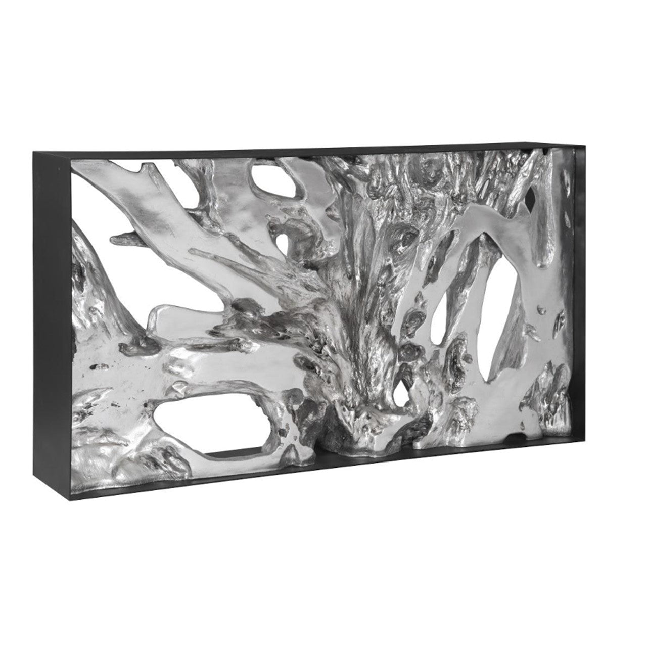 PC- TABLE CONSOLE AVEC CADRE EN MÉTAL COULÉ, RÉSINE, FEUILLE D'ARGENT, PETIT MODÈLE