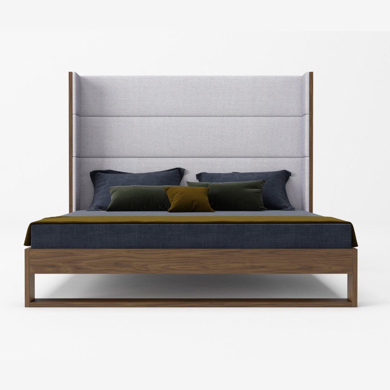 VG - MODERNE HELENORA - LIT CONTEMPORAIN EN TISSU GRIS ET GARNITURES EN NOYER