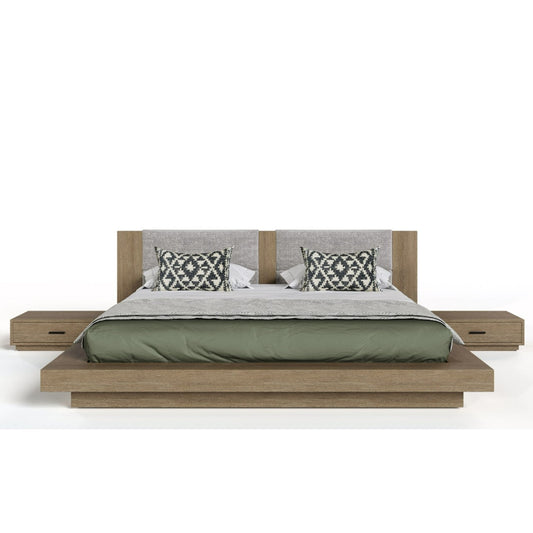 VG - NOVA DOMUS FANTASIA - LIT CONTEMPORAIN EN NOYER ET GRIS AVEC DEUX TABLES DE NUIT