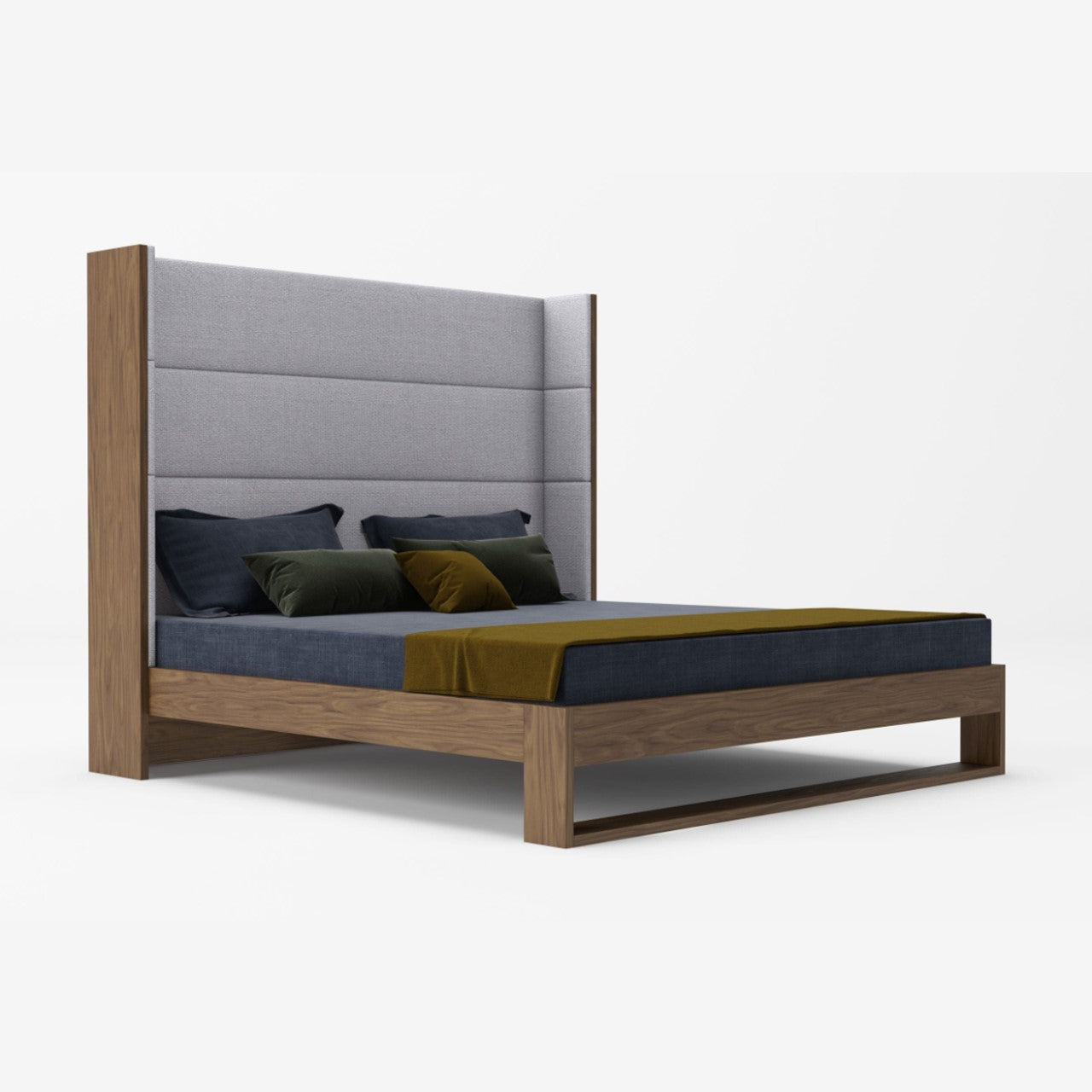 VG - MODERNE HELENORA - LIT CONTEMPORAIN EN TISSU GRIS ET GARNITURES EN NOYER