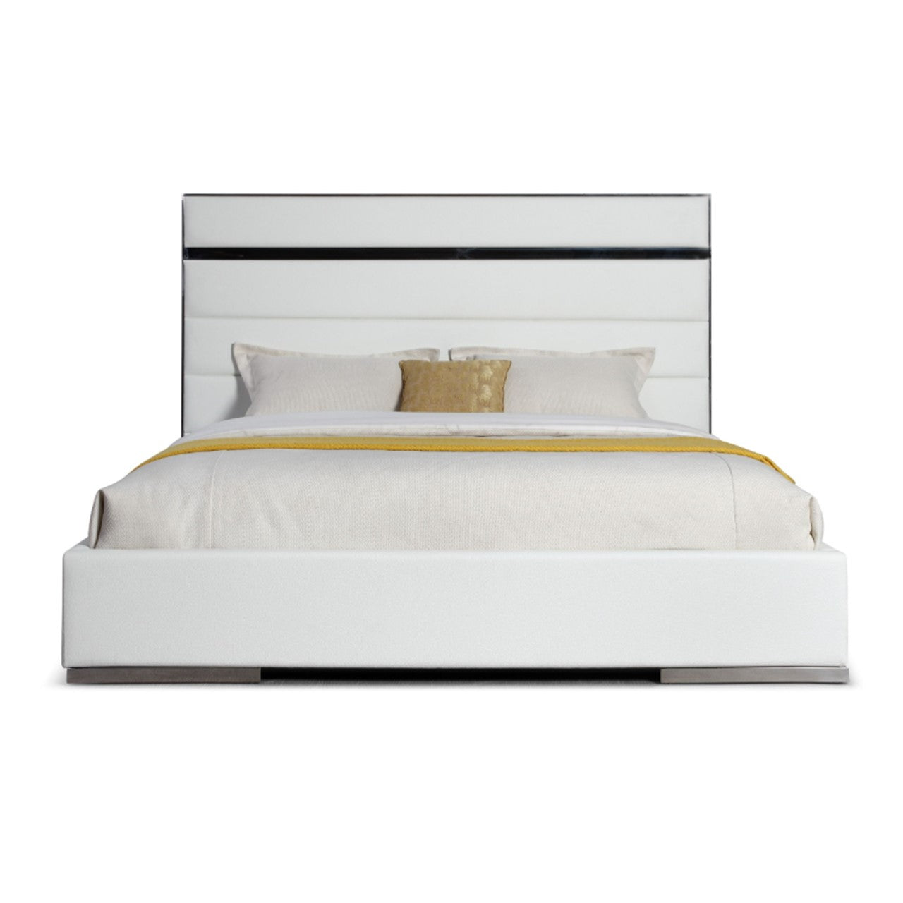 VG - MODREST CARTIER - LIT MODERNE EN CUIR VEGAN BLANC + ACIER INOXYDABLE