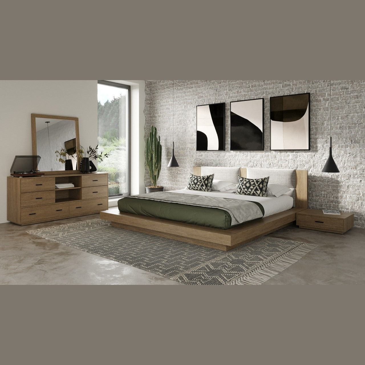 VG - NOVA DOMUS FANTASIA - LIT CONTEMPORAIN EN NOYER ET GRIS AVEC DEUX TABLES DE NUIT