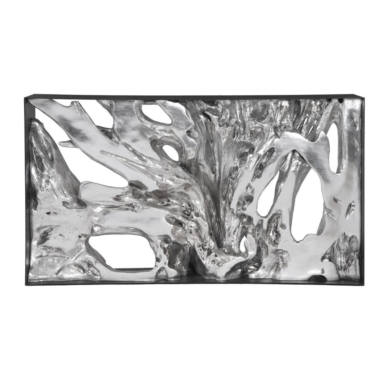 PC- TABLE CONSOLE AVEC CADRE EN MÉTAL COULÉ, RÉSINE, FEUILLE D'ARGENT, PETIT MODÈLE