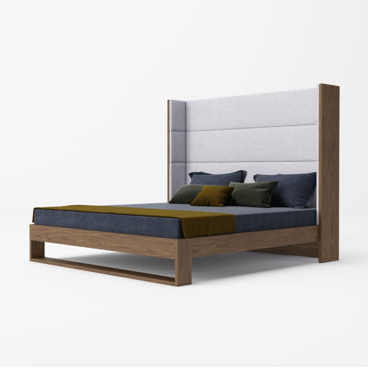 VG - MODERNE HELENORA - LIT CONTEMPORAIN EN TISSU GRIS ET GARNITURES EN NOYER