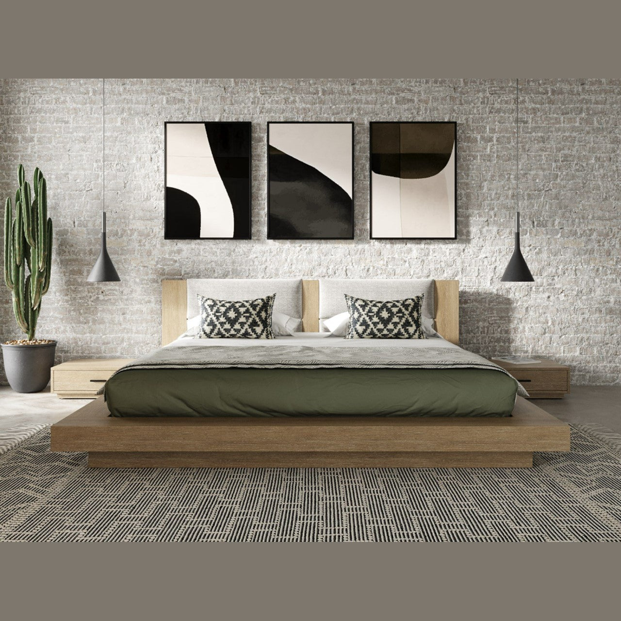 VG - NOVA DOMUS FANTASIA - LIT CONTEMPORAIN EN NOYER ET GRIS AVEC DEUX TABLES DE NUIT
