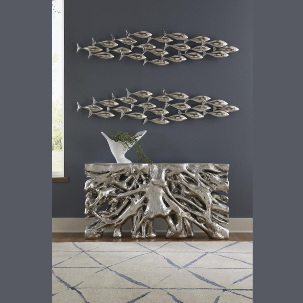 PC - BANQUE DE POISSONS, ART MURAL, FEUILLE D'ARGENT