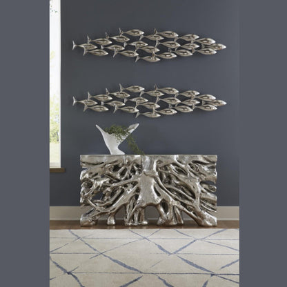 PC - BANQUE DE POISSONS, ART MURAL, FEUILLE D'ARGENT